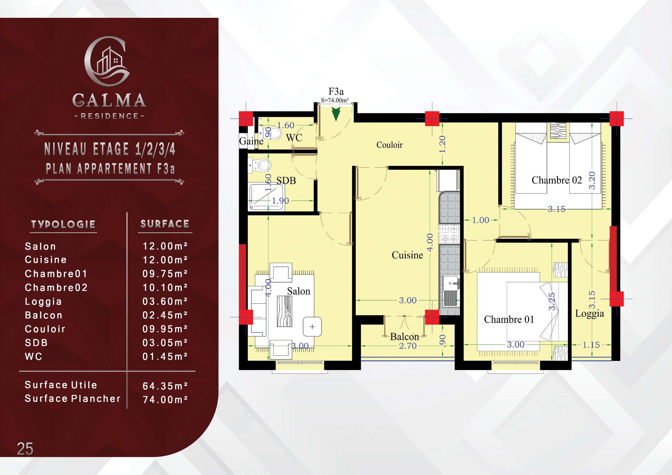 Plan F3 74 m²
