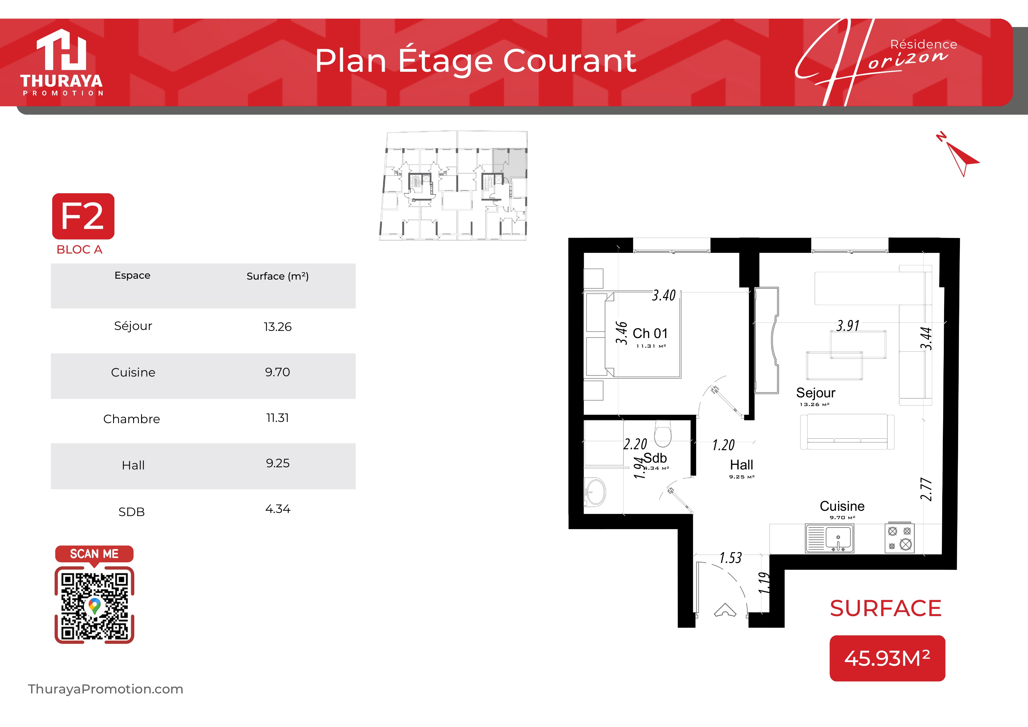 Plan F2 45.93 m²